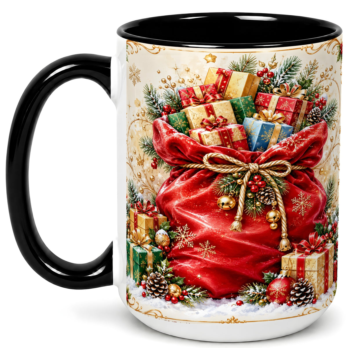 #pl[15oz|Black] Christmas Present Sack Coffee Mug, Holiday Parcel Mug, Ceramic Cup