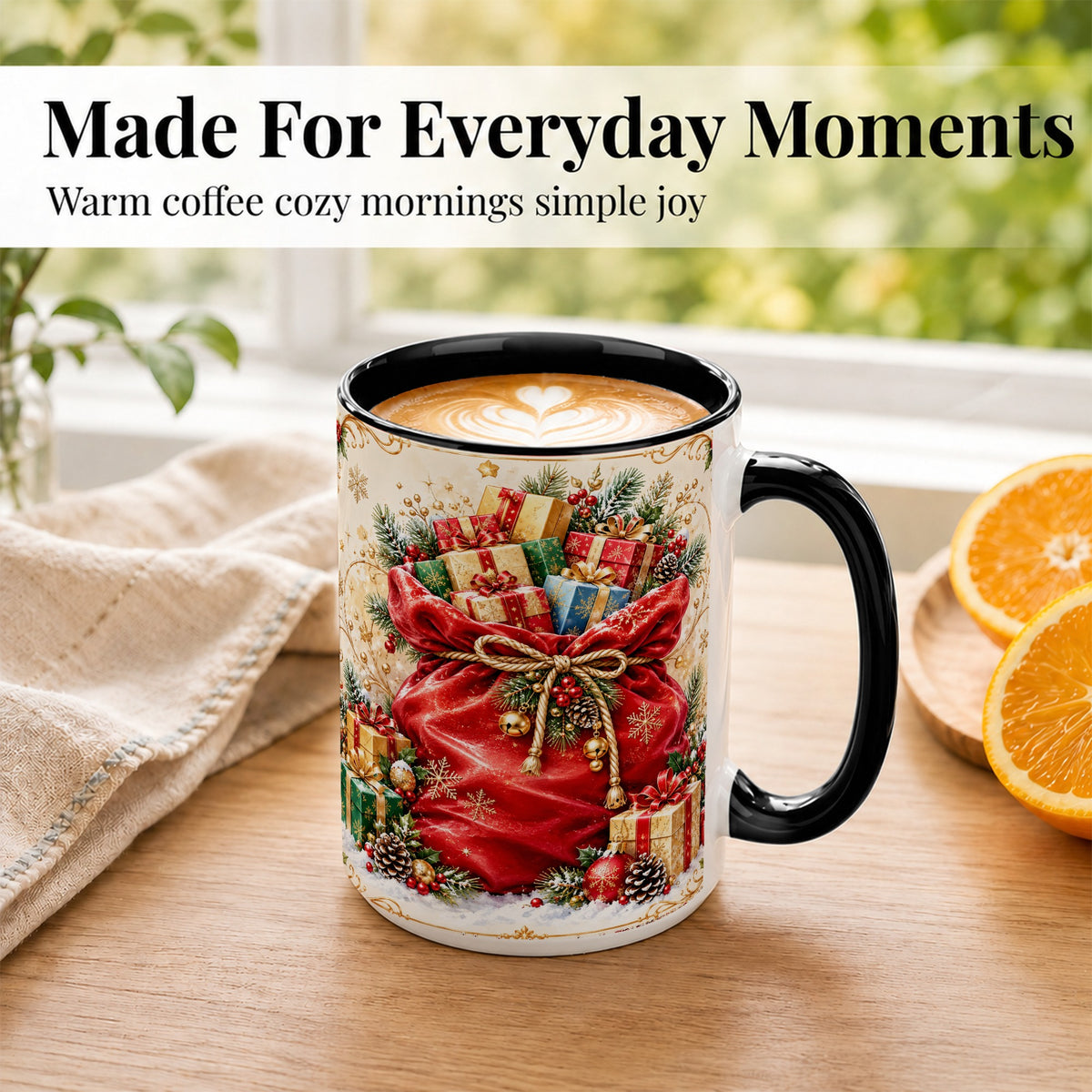 #pl[15oz|Black] Christmas Present Sack Coffee Mug, Holiday Parcel Mug, Ceramic Cup