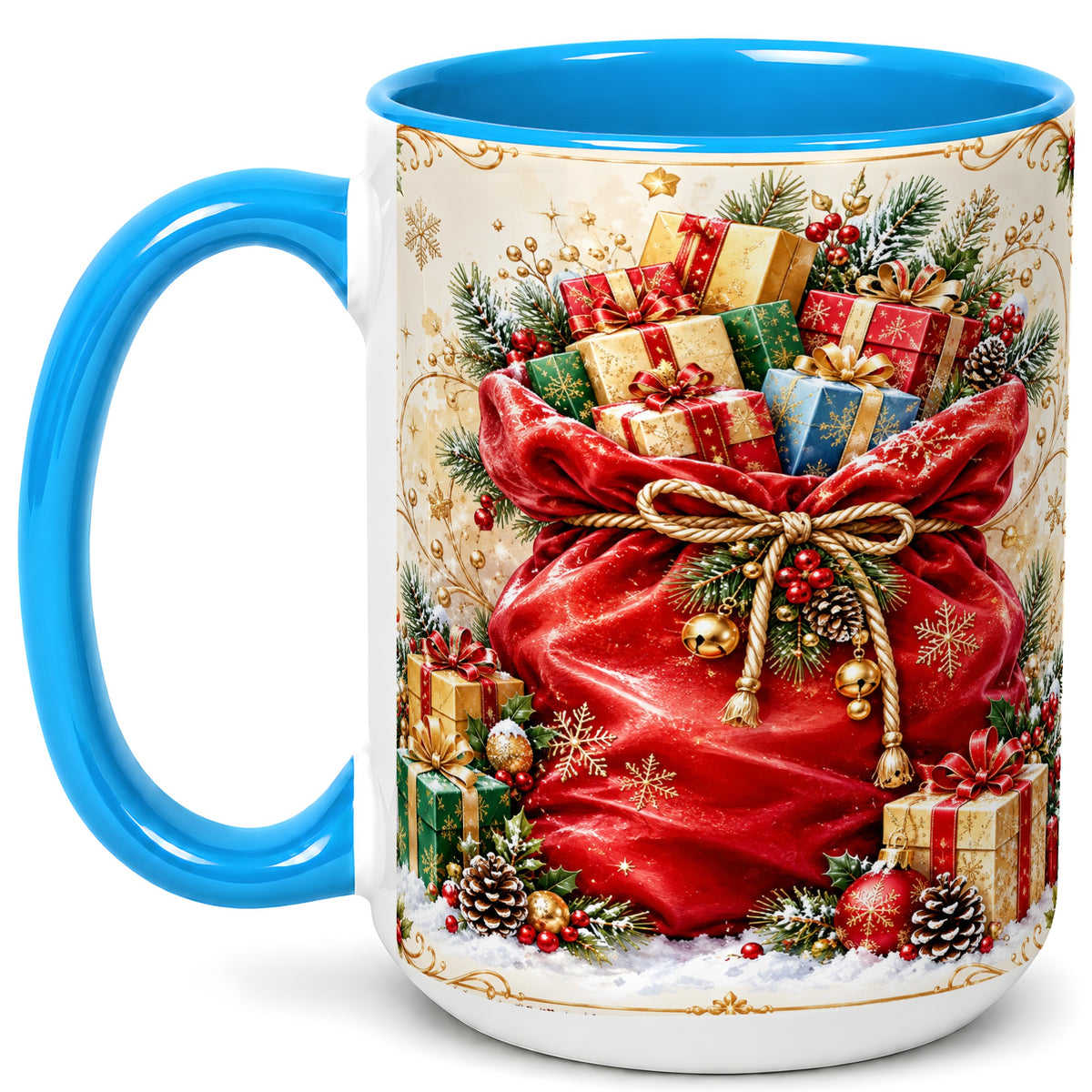 #pl[15oz|Blue] Christmas Present Sack Coffee Mug, Holiday Parcel Mug, Ceramic Cup