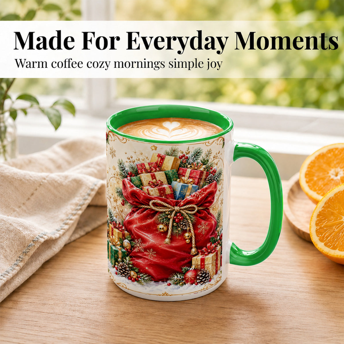 #pl[15oz|Green] Christmas Present Sack Coffee Mug, Holiday Parcel Mug, Ceramic Cup