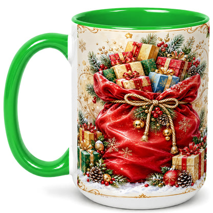 #pl[15oz|Green] Christmas Present Sack Coffee Mug, Holiday Parcel Mug, Ceramic Cup