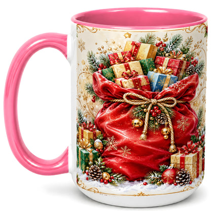 #pl[15oz|Pink] Christmas Present Sack Coffee Mug, Holiday Parcel Mug, Ceramic Cup
