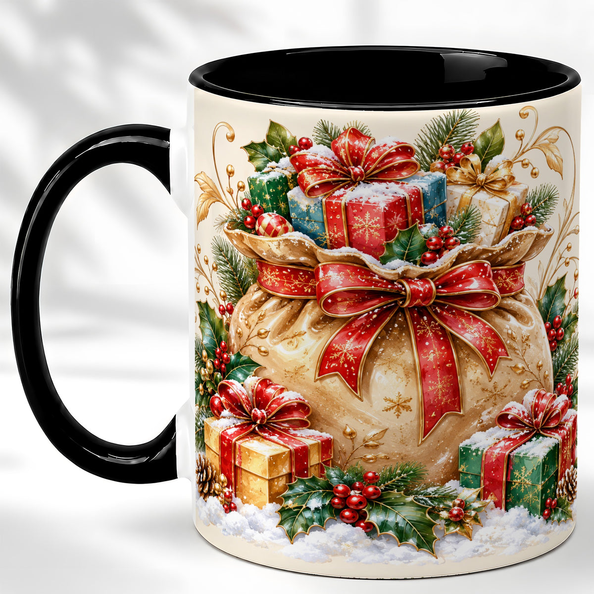 #pl[11oz|Black] Christmas Present Bag Coffee Mug, Holiday Bow Mug, Ceramic Cup