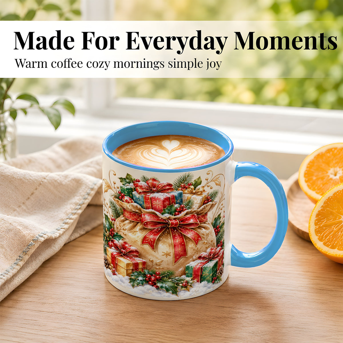 #pl[11oz|Blue] Christmas Present Bag Coffee Mug, Holiday Bow Mug, Ceramic Cup