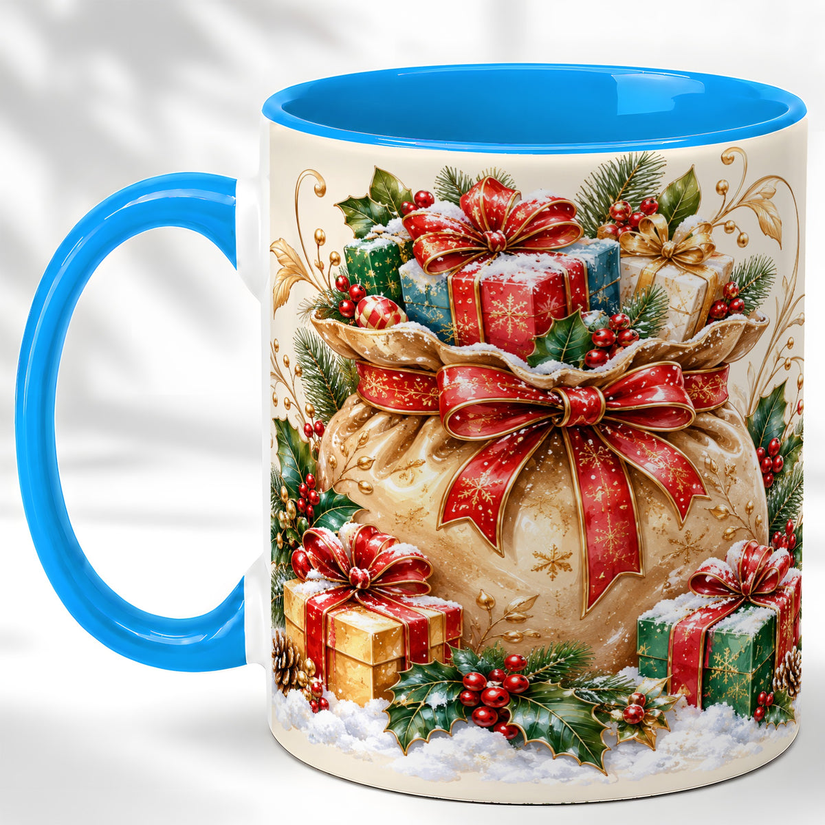 #pl[11oz|Blue] Christmas Present Bag Coffee Mug, Holiday Bow Mug, Ceramic Cup