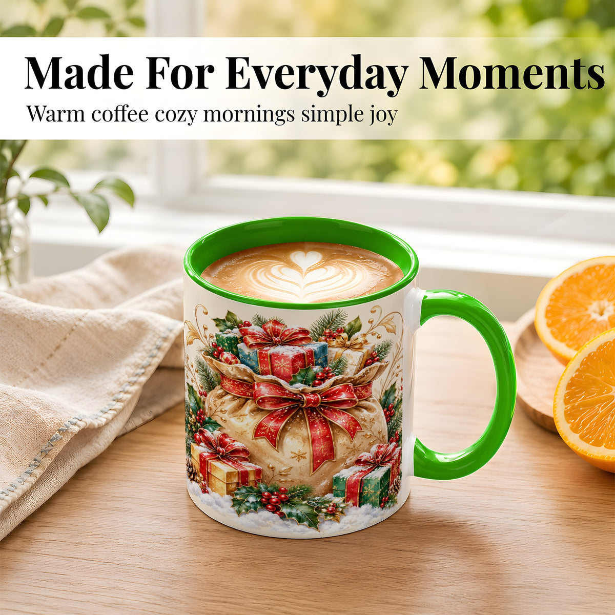 #pl[11oz|Green] Christmas Present Bag Coffee Mug, Holiday Bow Mug, Ceramic Cup