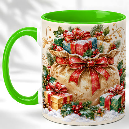 #pl[11oz|Green] Christmas Present Bag Coffee Mug, Holiday Bow Mug, Ceramic Cup