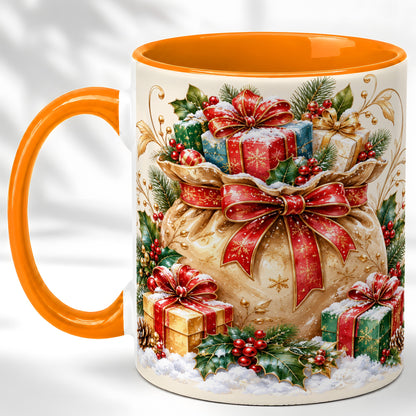 #pl[11oz|Orange] Christmas Present Bag Coffee Mug, Holiday Bow Mug, Ceramic Cup
