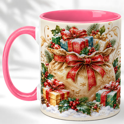 #pl[11oz|Pink] Christmas Present Bag Coffee Mug, Holiday Bow Mug, Ceramic Cup