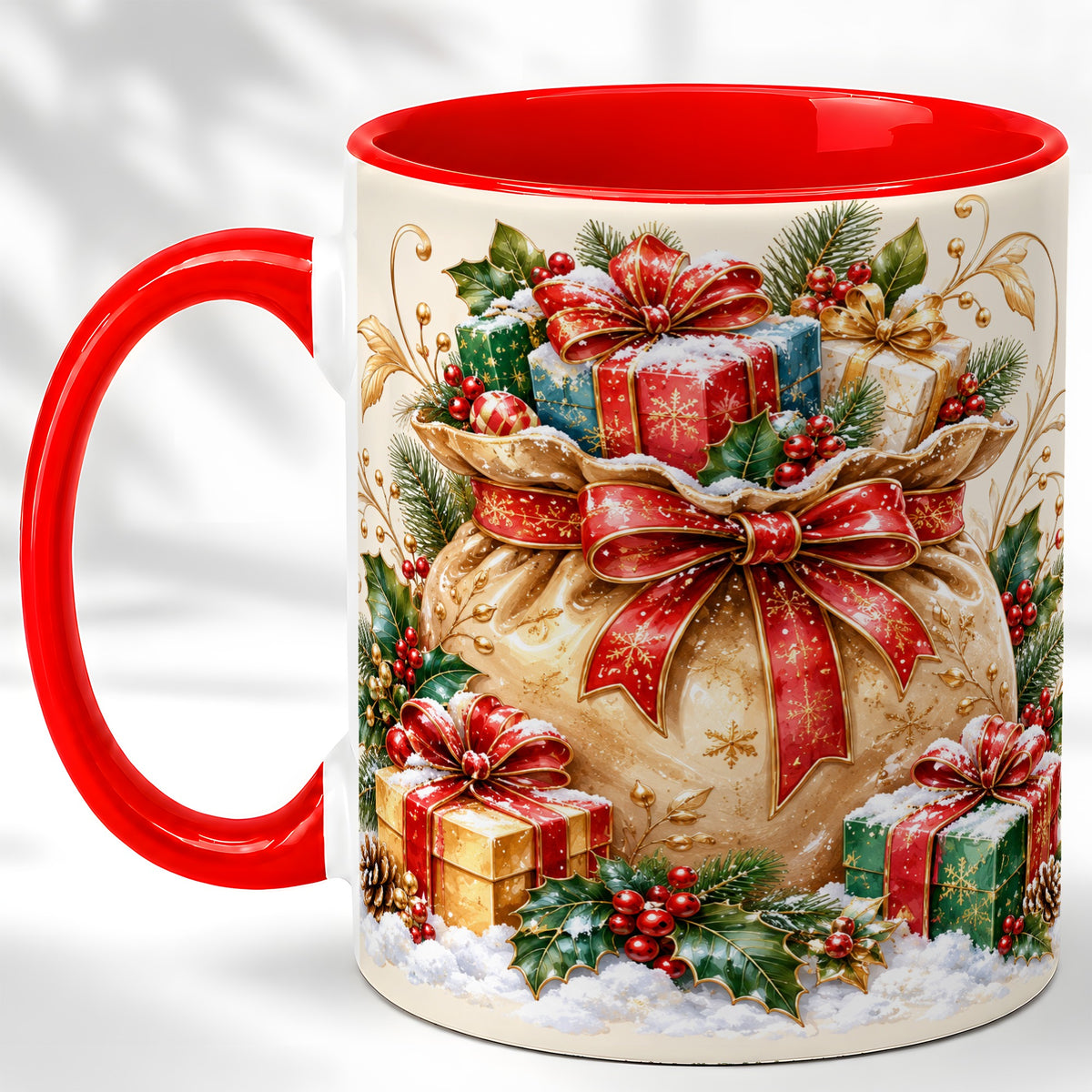 Christmas Present Bag Coffee Mug, Holiday Bow Mug, Ceramic Cup