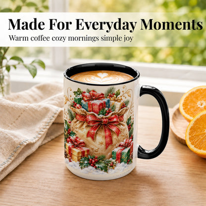 #pl[15oz|Black] Christmas Present Bag Coffee Mug, Holiday Bow Mug, Ceramic Cup