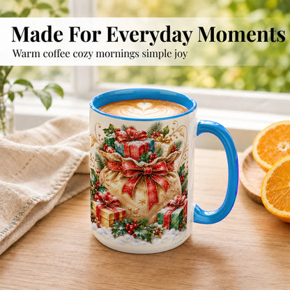 #pl[15oz|Blue] Christmas Present Bag Coffee Mug, Holiday Bow Mug, Ceramic Cup