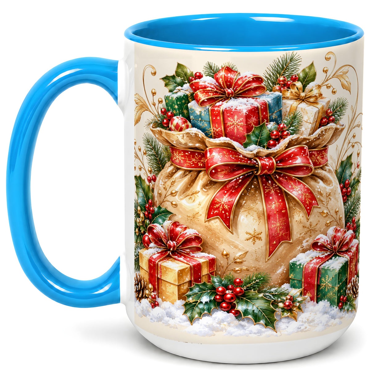 #pl[15oz|Blue] Christmas Present Bag Coffee Mug, Holiday Bow Mug, Ceramic Cup
