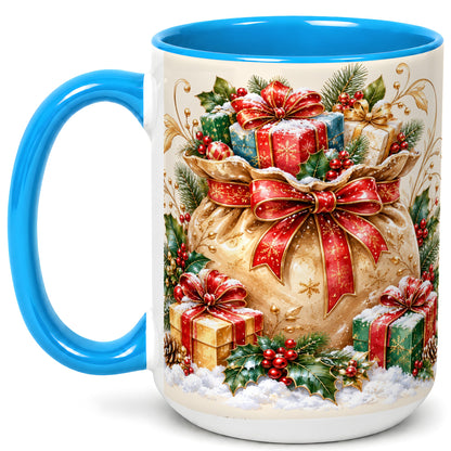#pl[15oz|Blue] Christmas Present Bag Coffee Mug, Holiday Bow Mug, Ceramic Cup