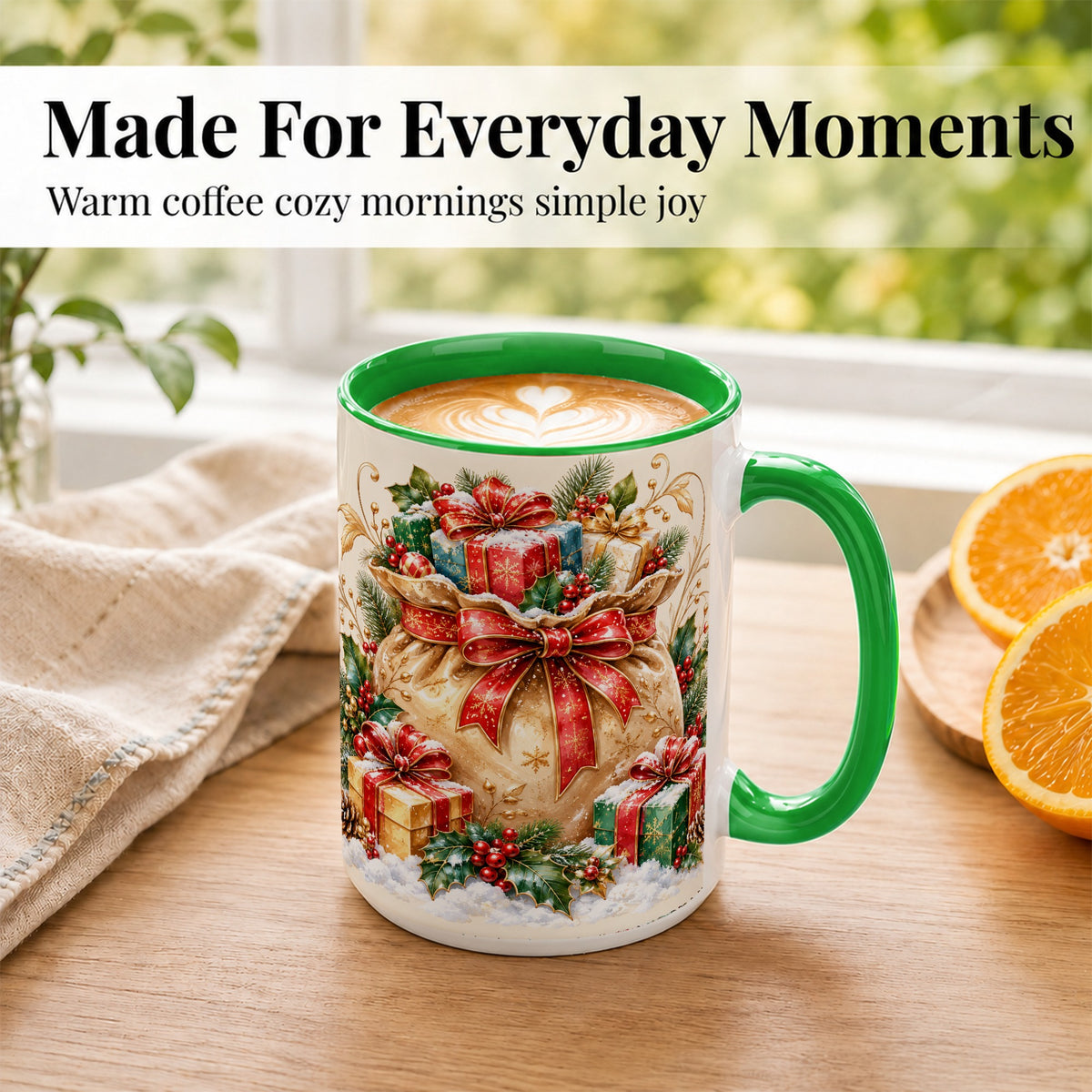 #pl[15oz|Green] Christmas Present Bag Coffee Mug, Holiday Bow Mug, Ceramic Cup