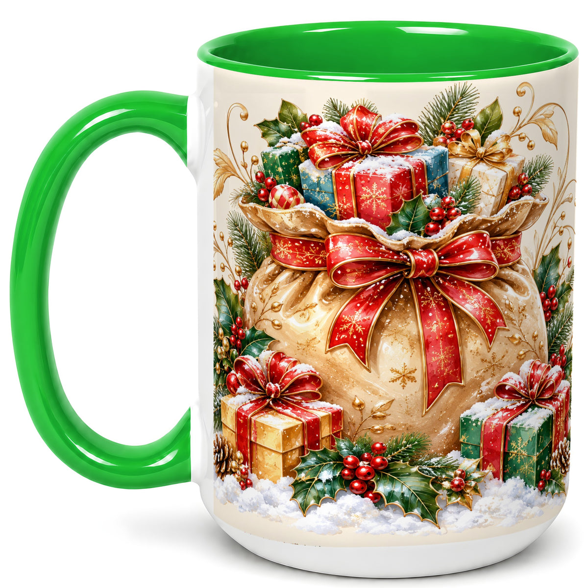 #pl[15oz|Green] Christmas Present Bag Coffee Mug, Holiday Bow Mug, Ceramic Cup
