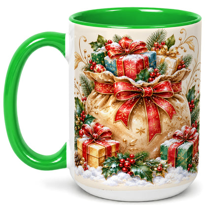 #pl[15oz|Green] Christmas Present Bag Coffee Mug, Holiday Bow Mug, Ceramic Cup