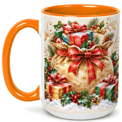 #pl[15oz|Orange] Christmas Present Bag Coffee Mug, Holiday Bow Mug, Ceramic Cup