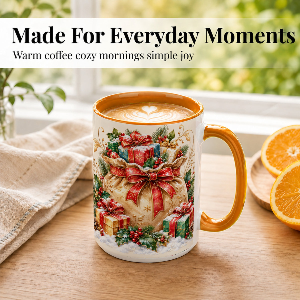#pl[15oz|Orange] Christmas Present Bag Coffee Mug, Holiday Bow Mug, Ceramic Cup