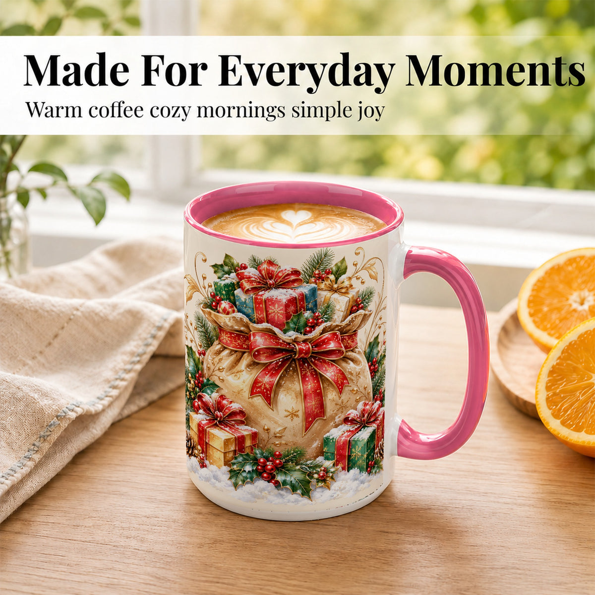 #pl[15oz|Pink] Christmas Present Bag Coffee Mug, Holiday Bow Mug, Ceramic Cup