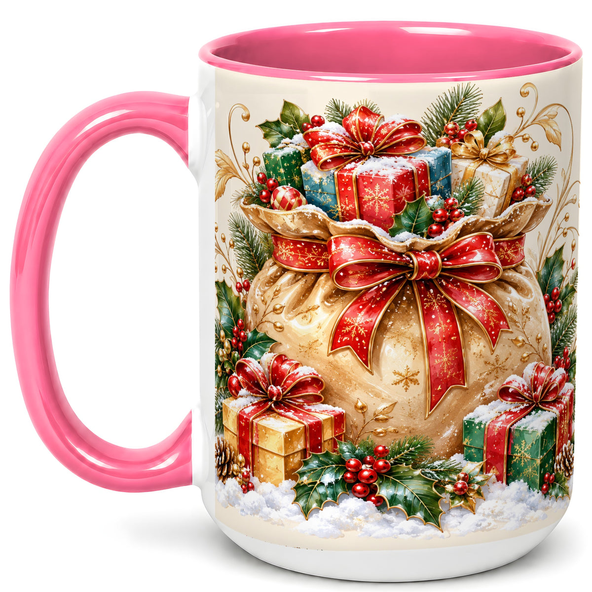 #pl[15oz|Pink] Christmas Present Bag Coffee Mug, Holiday Bow Mug, Ceramic Cup