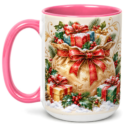 #pl[15oz|Pink] Christmas Present Bag Coffee Mug, Holiday Bow Mug, Ceramic Cup