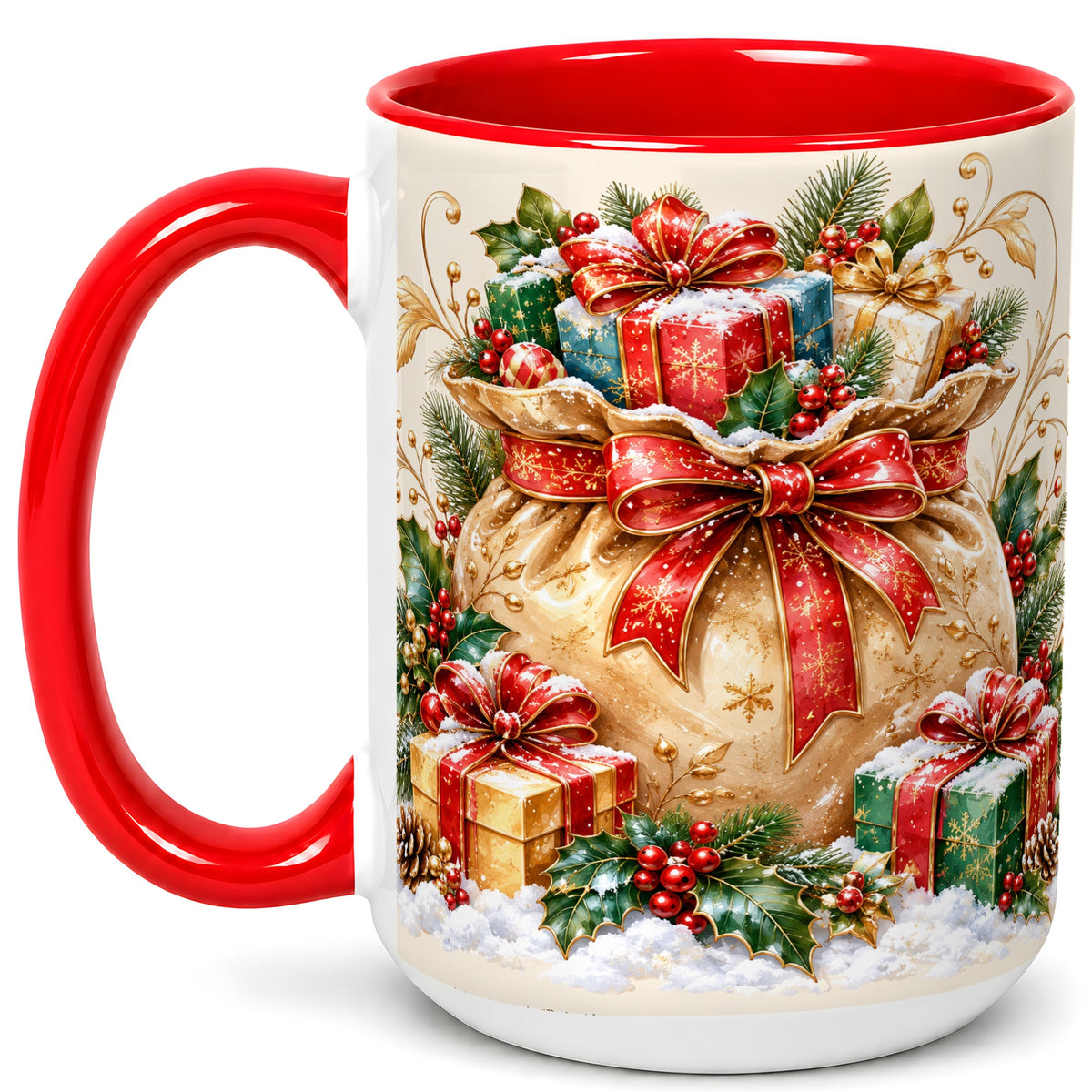 #pl[15oz|Red] Christmas Present Bag Coffee Mug, Holiday Bow Mug, Ceramic Cup