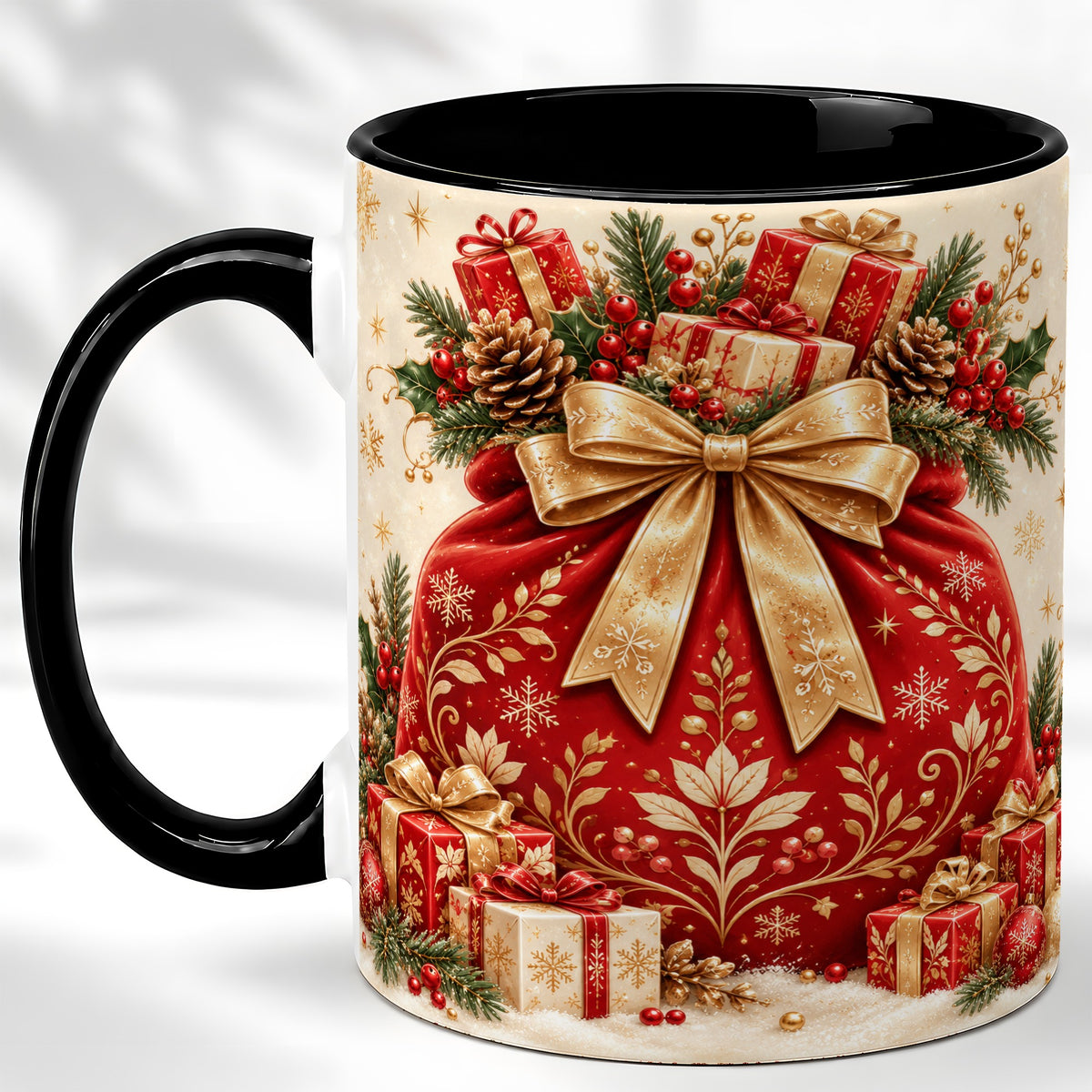 #pl[11oz|Black] Red Christmas Sack Coffee Mug, Holiday Bow Mug, Ceramic Cup