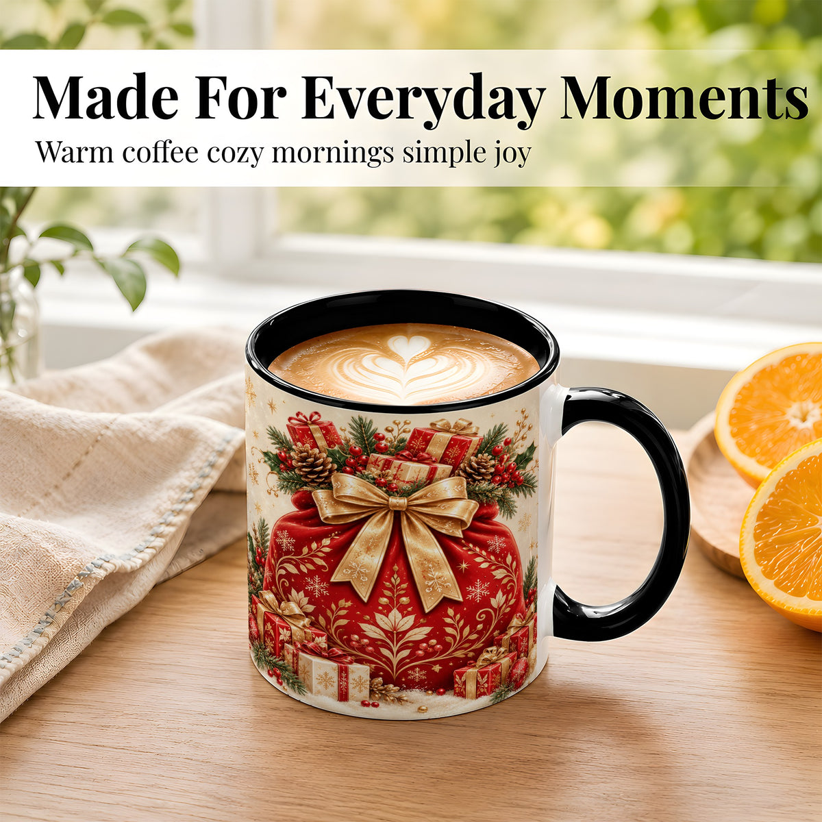 #pl[11oz|Black] Red Christmas Sack Coffee Mug, Holiday Bow Mug, Ceramic Cup