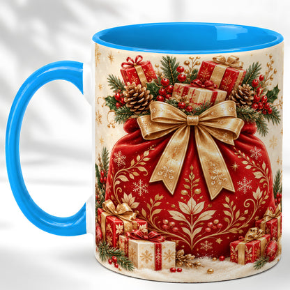 #pl[11oz|Blue] Red Christmas Sack Coffee Mug, Holiday Bow Mug, Ceramic Cup