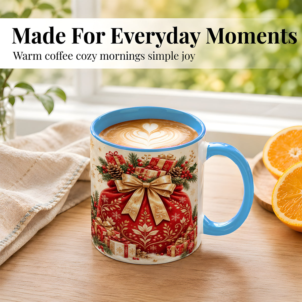 #pl[11oz|Blue] Red Christmas Sack Coffee Mug, Holiday Bow Mug, Ceramic Cup