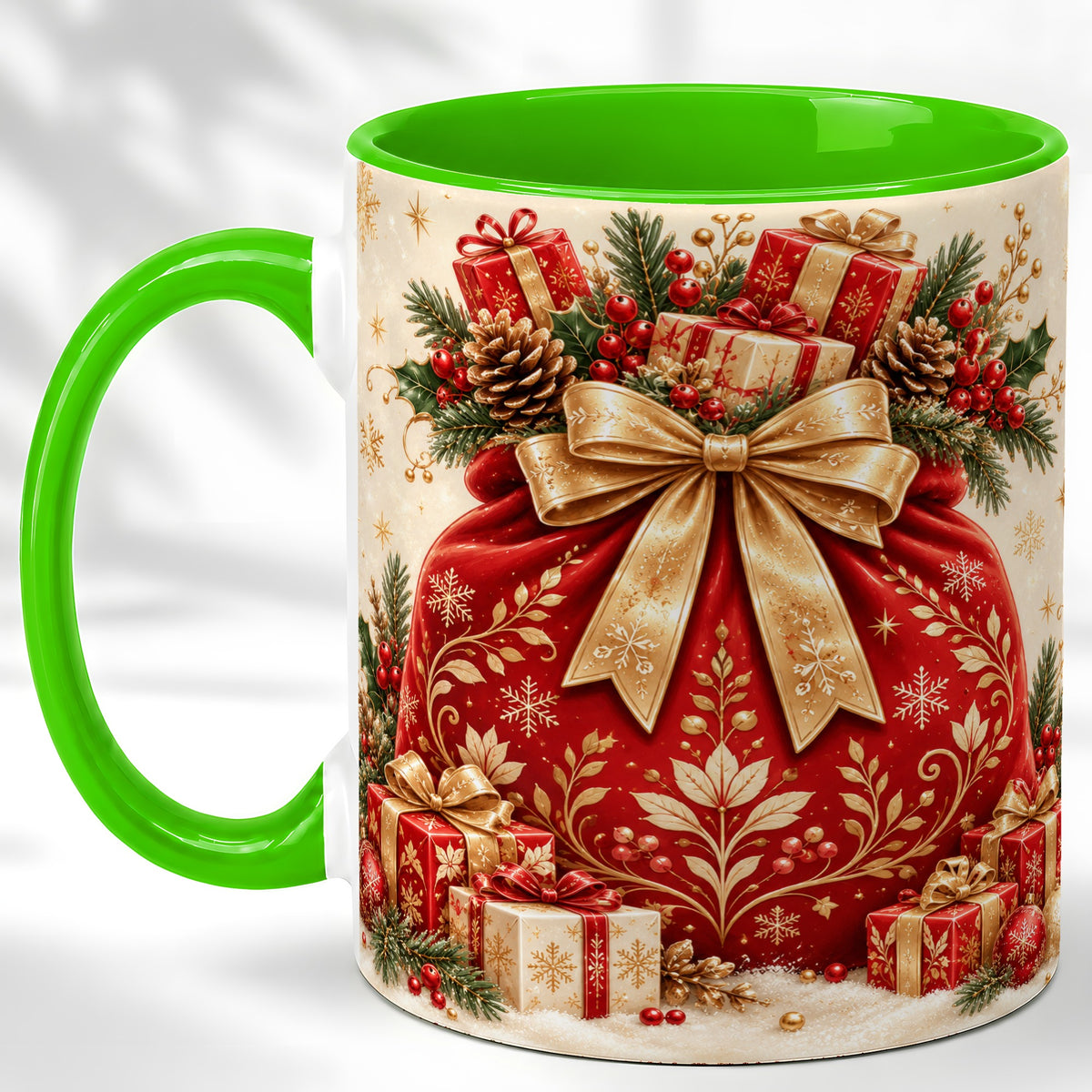#pl[11oz|Green] Red Christmas Sack Coffee Mug, Holiday Bow Mug, Ceramic Cup