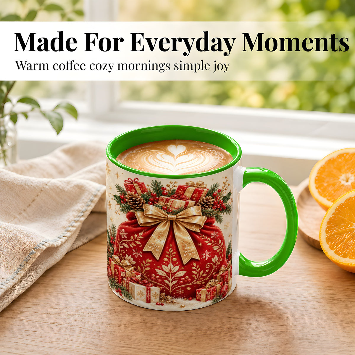 #pl[11oz|Green] Red Christmas Sack Coffee Mug, Holiday Bow Mug, Ceramic Cup