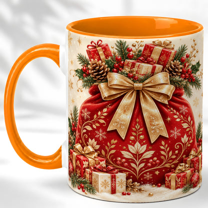 #pl[11oz|Orange] Red Christmas Sack Coffee Mug, Holiday Bow Mug, Ceramic Cup