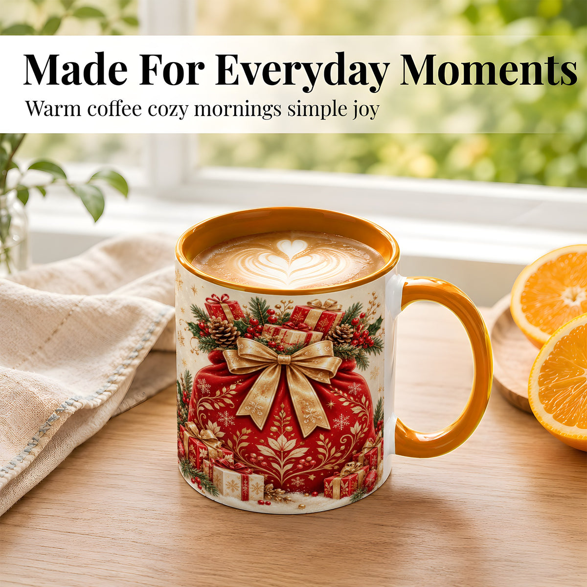 #pl[11oz|Orange] Red Christmas Sack Coffee Mug, Holiday Bow Mug, Ceramic Cup