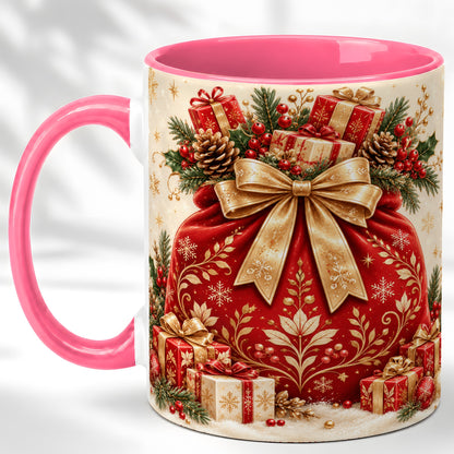 #pl[11oz|Pink] Red Christmas Sack Coffee Mug, Holiday Bow Mug, Ceramic Cup