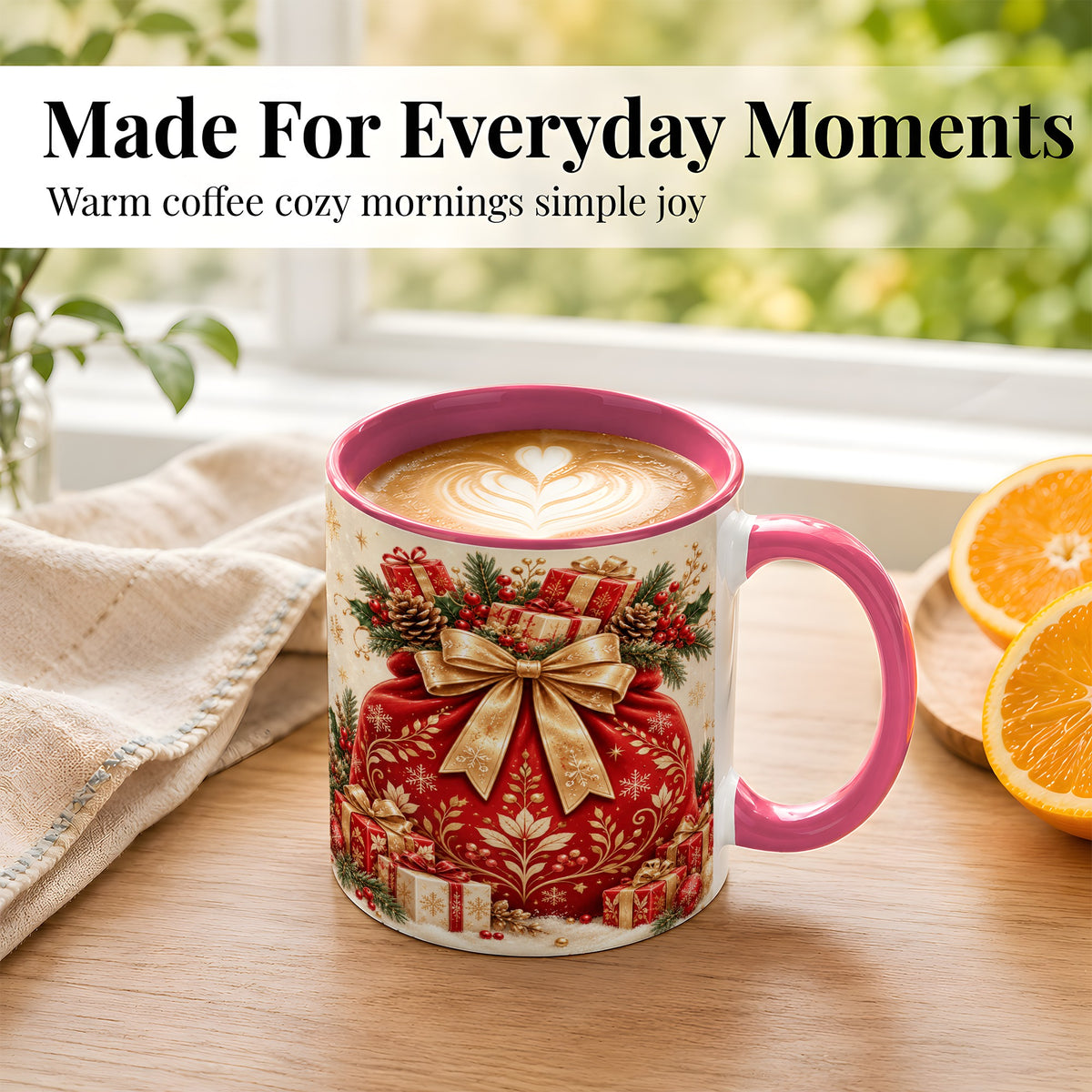 #pl[11oz|Pink] Red Christmas Sack Coffee Mug, Holiday Bow Mug, Ceramic Cup