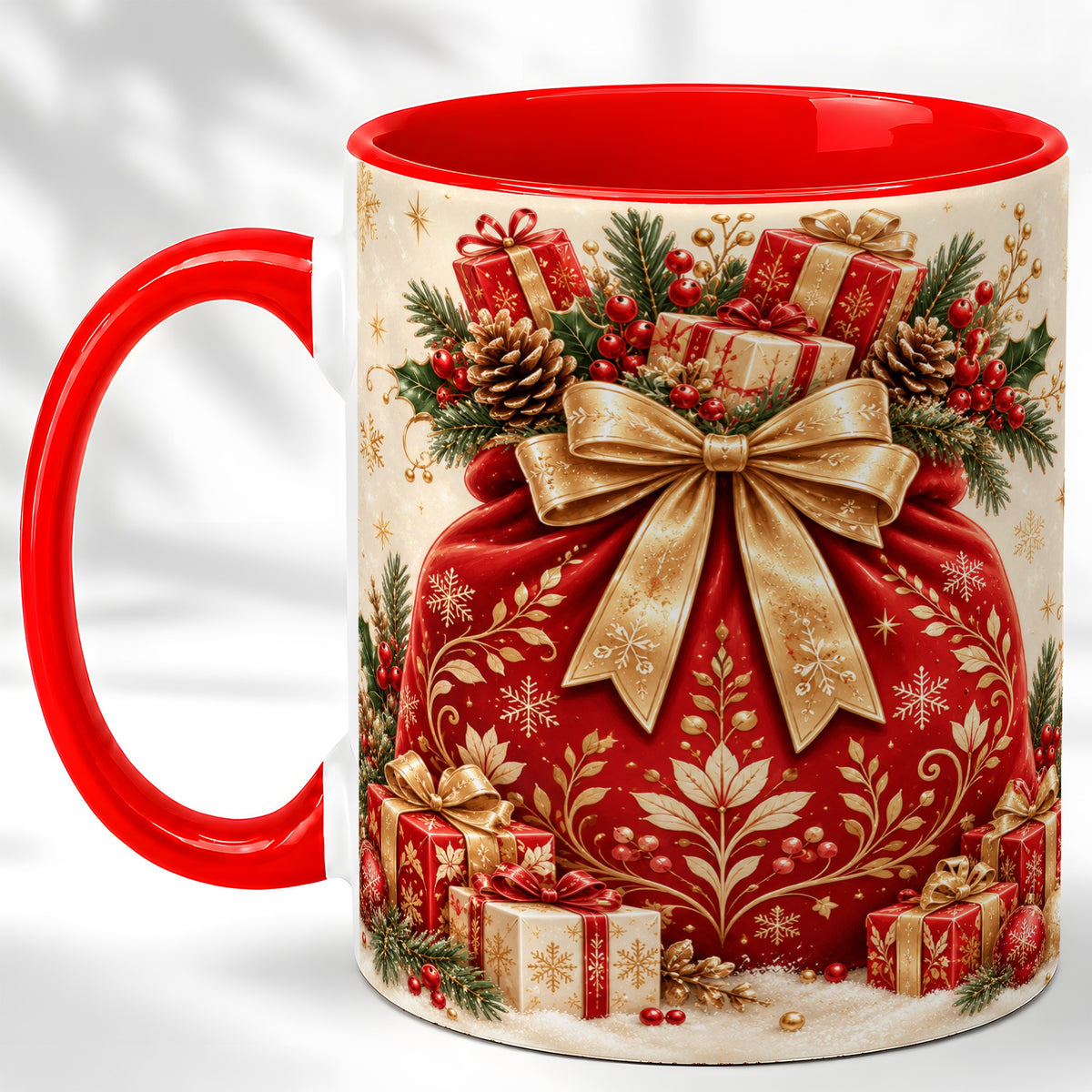 Red Christmas Sack Coffee Mug, Holiday Bow Mug, Ceramic Cup