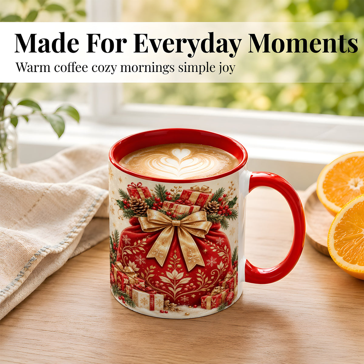 #pl[11oz|Red] Red Christmas Sack Coffee Mug, Holiday Bow Mug, Ceramic Cup