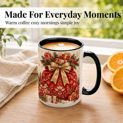 #pl[15oz|Black] Red Christmas Sack Coffee Mug, Holiday Bow Mug, Ceramic Cup