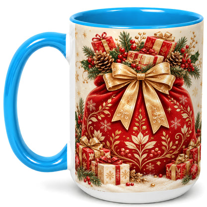 #pl[15oz|Blue] Red Christmas Sack Coffee Mug, Holiday Bow Mug, Ceramic Cup