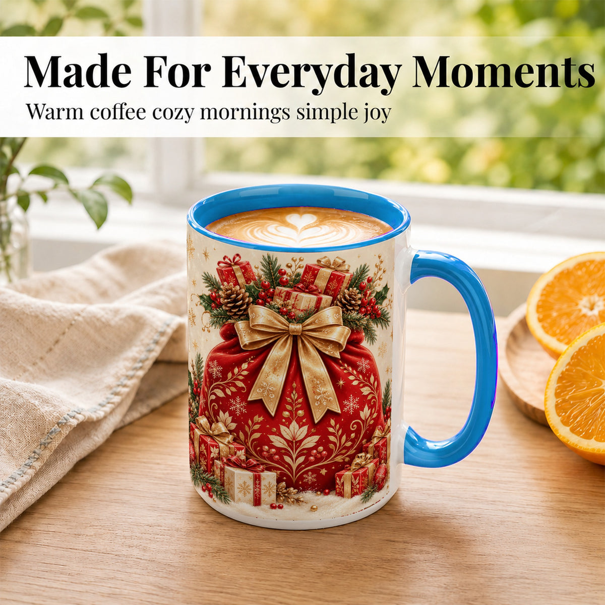 #pl[15oz|Blue] Red Christmas Sack Coffee Mug, Holiday Bow Mug, Ceramic Cup