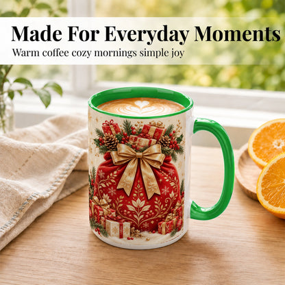 #pl[15oz|Green] Red Christmas Sack Coffee Mug, Holiday Bow Mug, Ceramic Cup