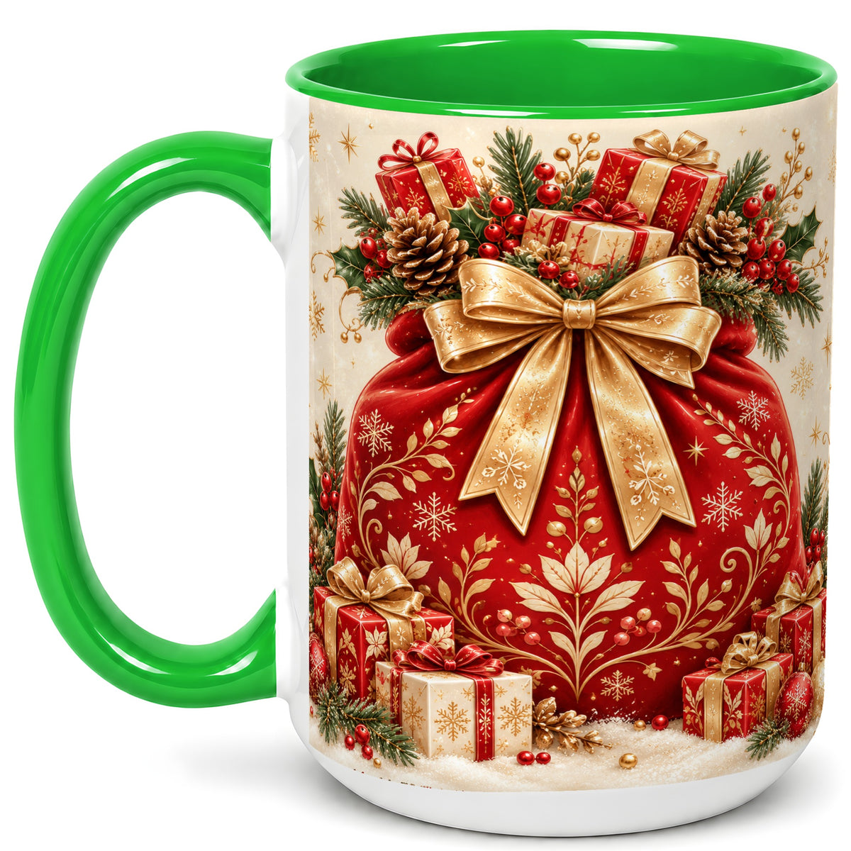 #pl[15oz|Green] Red Christmas Sack Coffee Mug, Holiday Bow Mug, Ceramic Cup