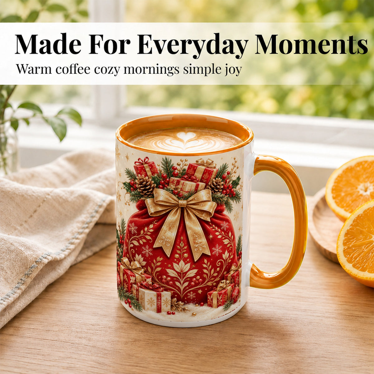 #pl[15oz|Orange] Red Christmas Sack Coffee Mug, Holiday Bow Mug, Ceramic Cup
