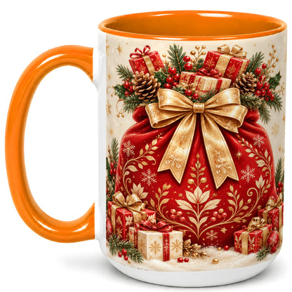 #pl[15oz|Orange] Red Christmas Sack Coffee Mug, Holiday Bow Mug, Ceramic Cup