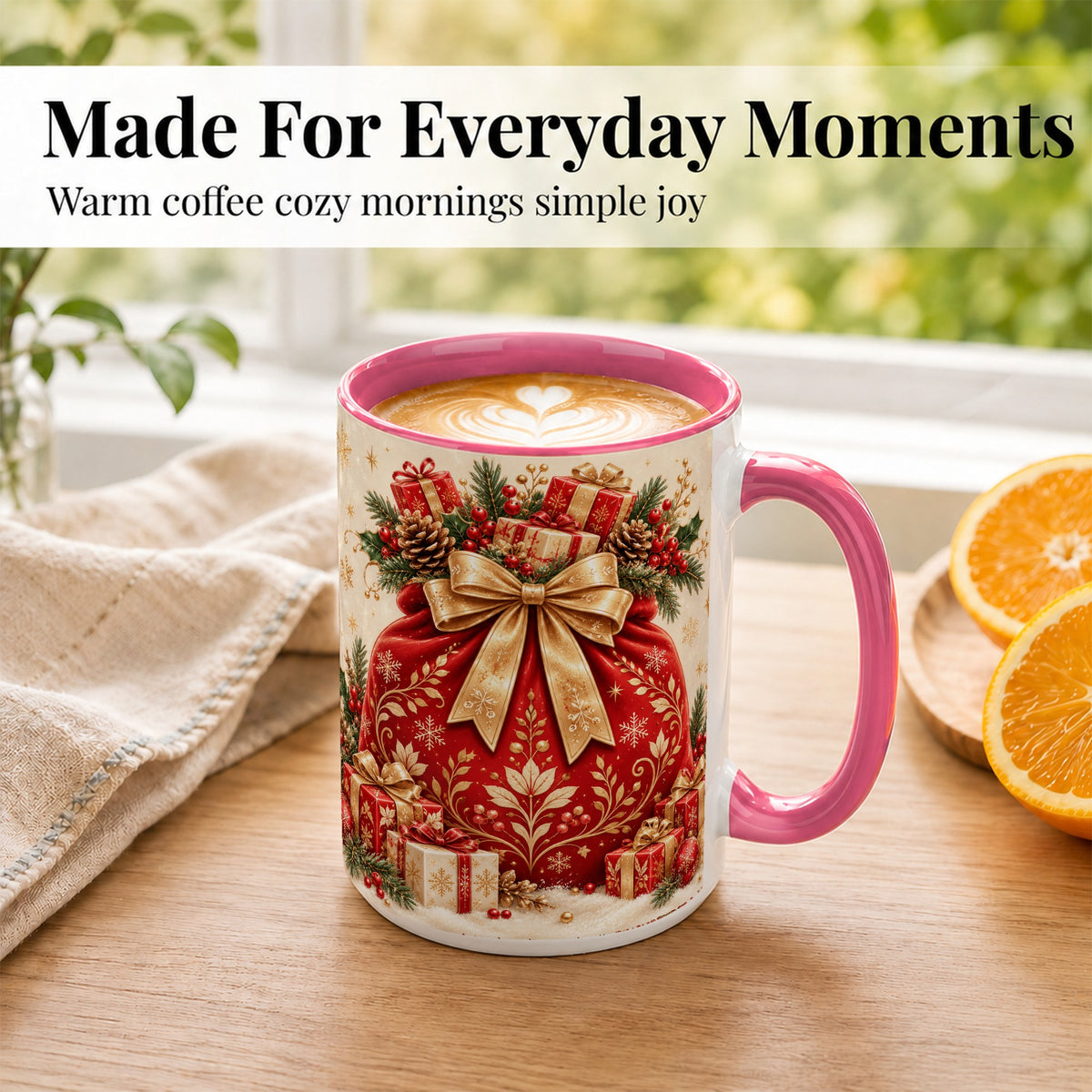 #pl[15oz|Pink] Red Christmas Sack Coffee Mug, Holiday Bow Mug, Ceramic Cup