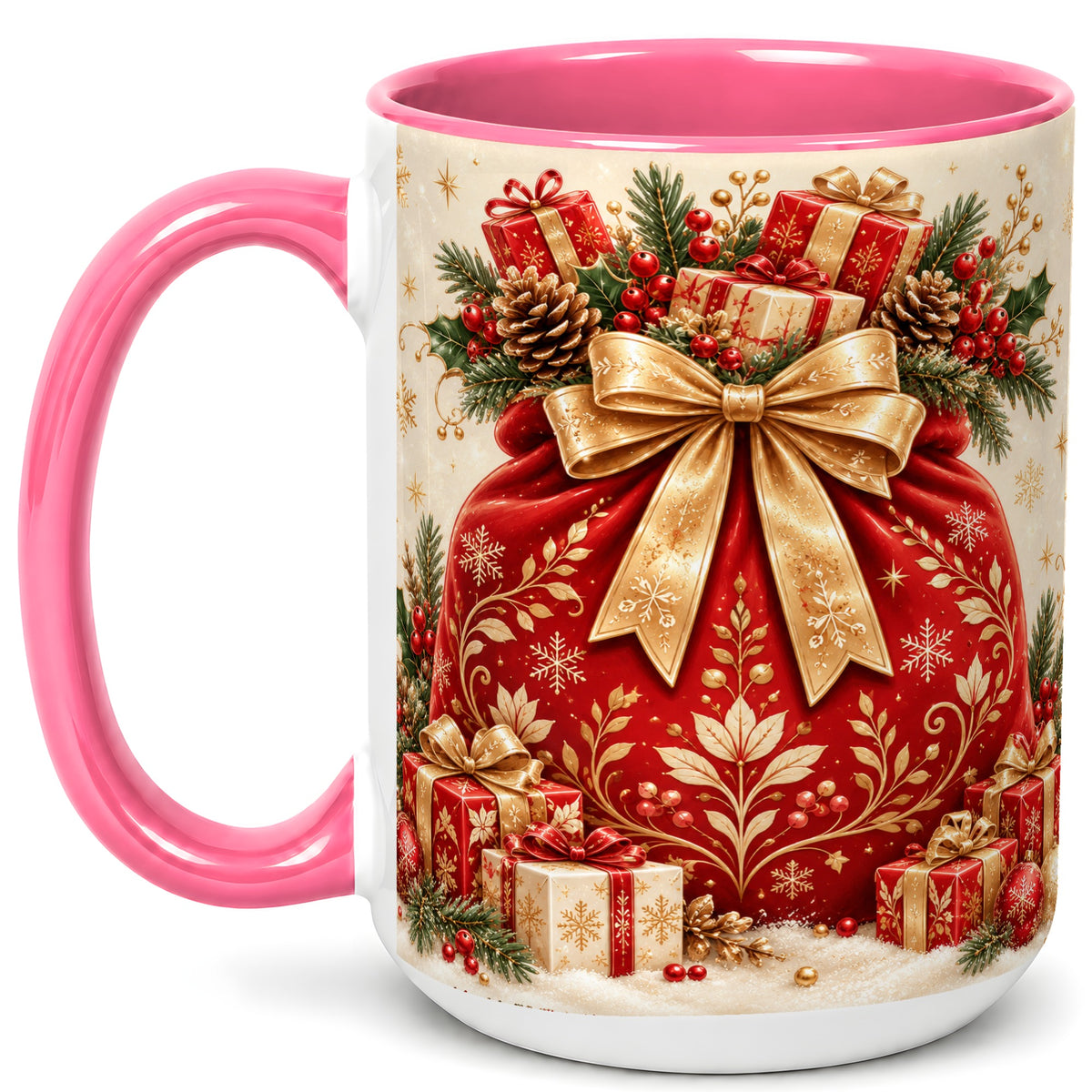 #pl[15oz|Pink] Red Christmas Sack Coffee Mug, Holiday Bow Mug, Ceramic Cup