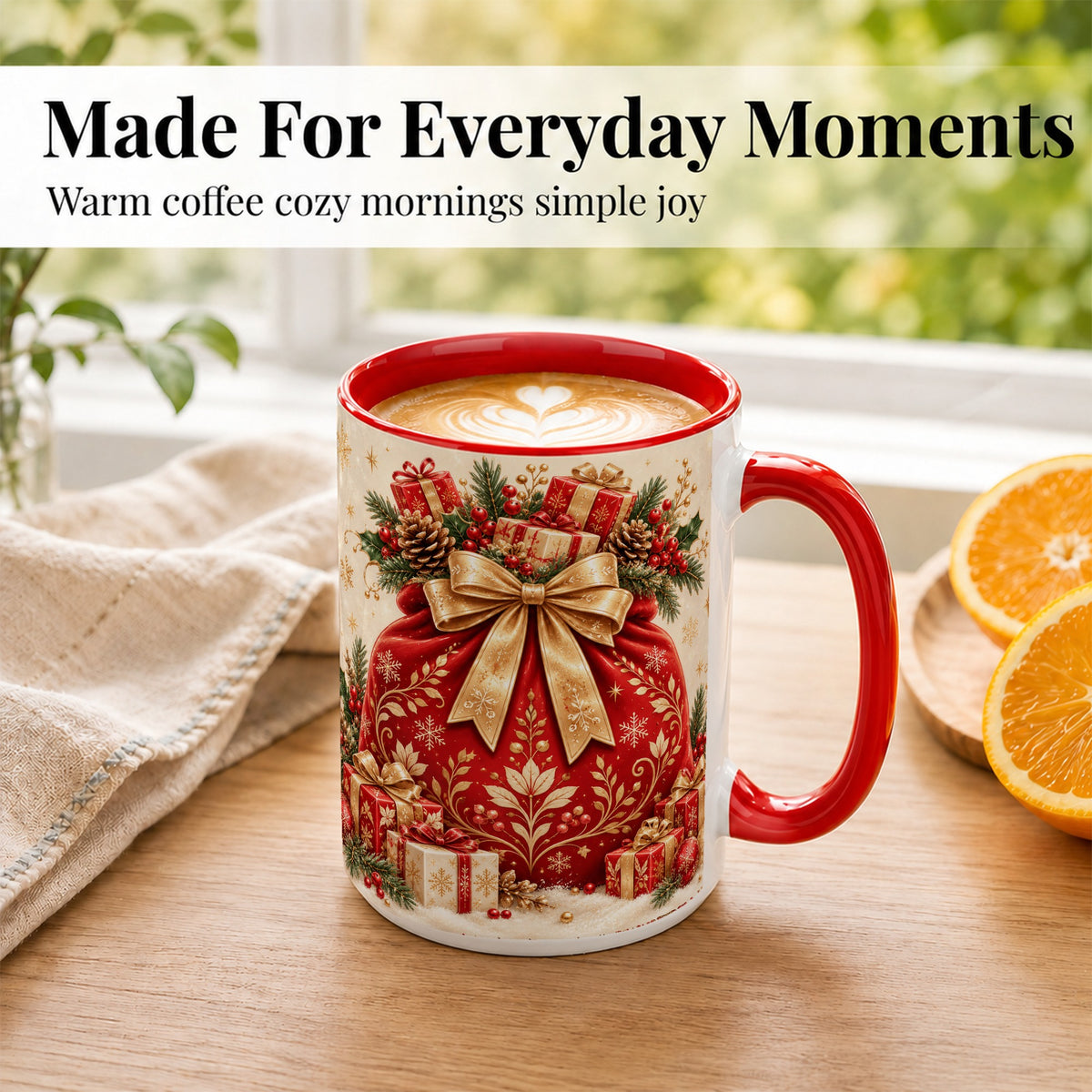 #pl[15oz|Red] Red Christmas Sack Coffee Mug, Holiday Bow Mug, Ceramic Cup
