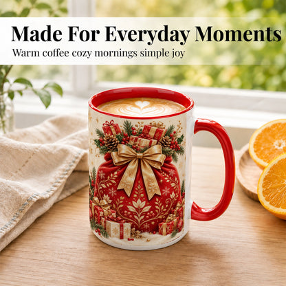 #pl[15oz|Red] Red Christmas Sack Coffee Mug, Holiday Bow Mug, Ceramic Cup